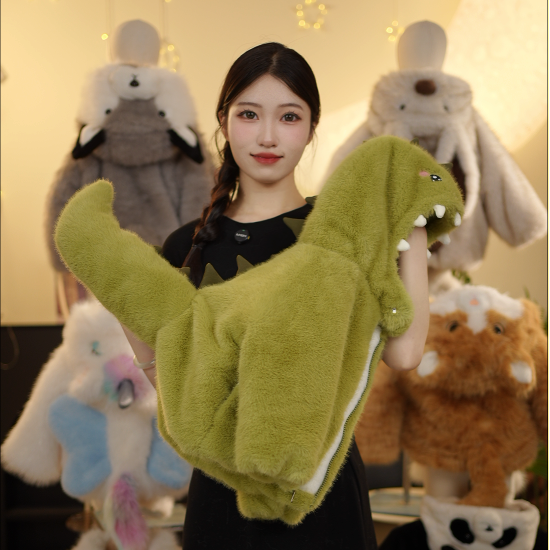 MM亲子男女童冬款毛绒毛茸茸萌宝小恐龙草草冬季保暖加厚外套