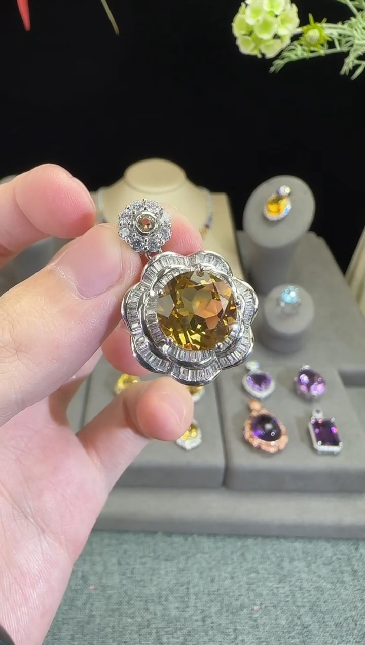 银S925镶嵌颈饰黄晶13mm吊坠