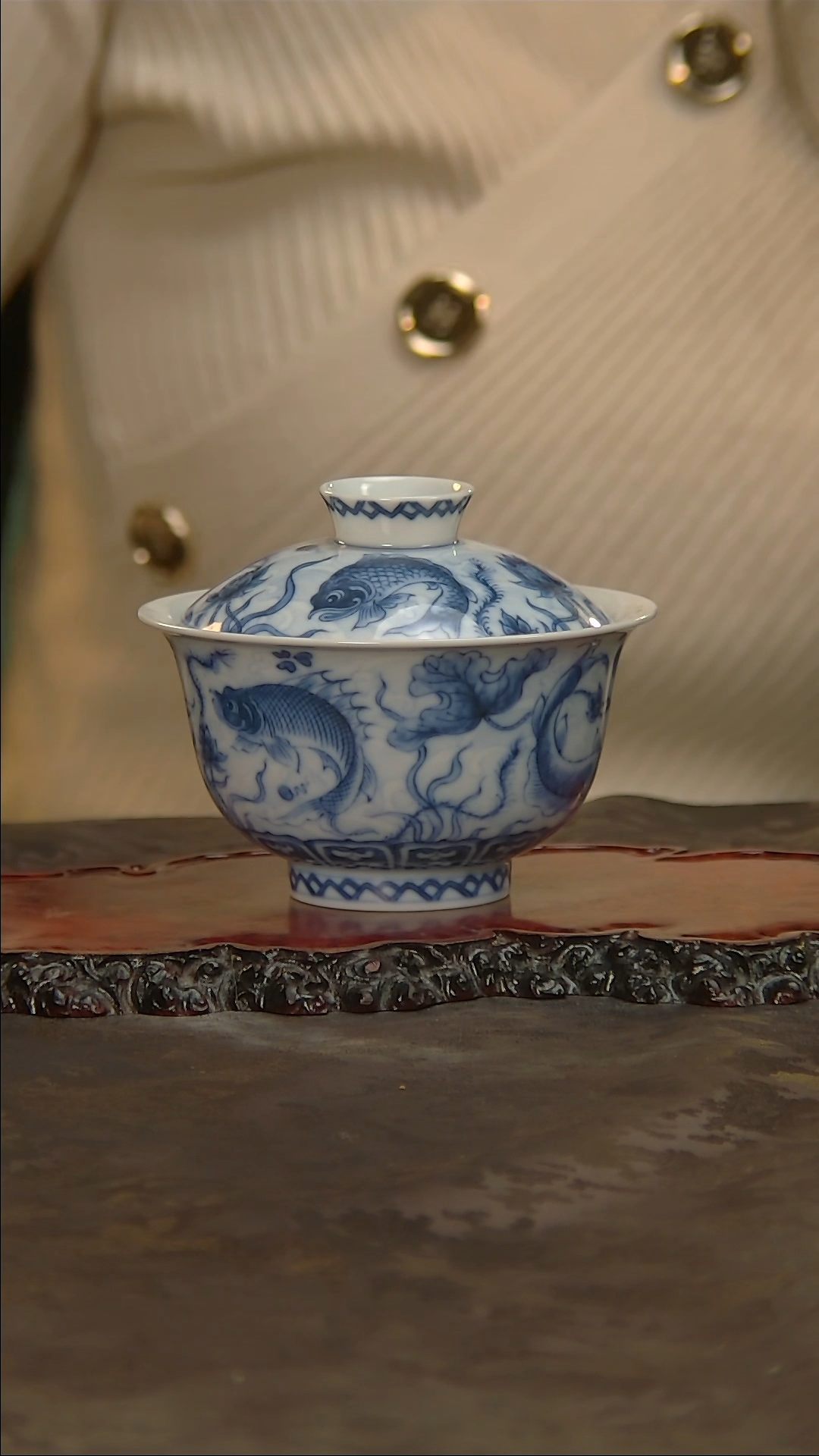 【闪购商品】青花手绘鱼藻内膜印盖碗