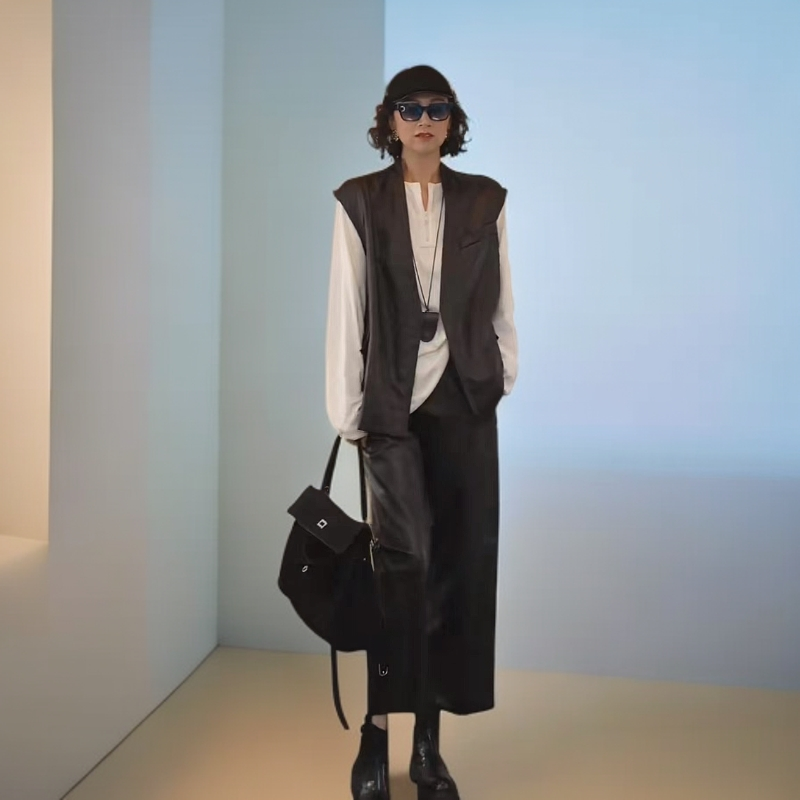 D.boss “山本格调”黑色全植糅无涂层小羊皮松紧腰宽松九分皮裤