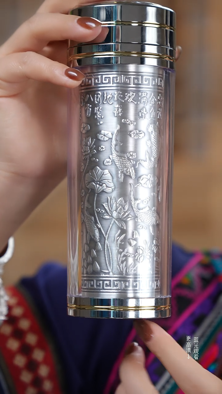 珐琅足银大号富贵有余银水杯