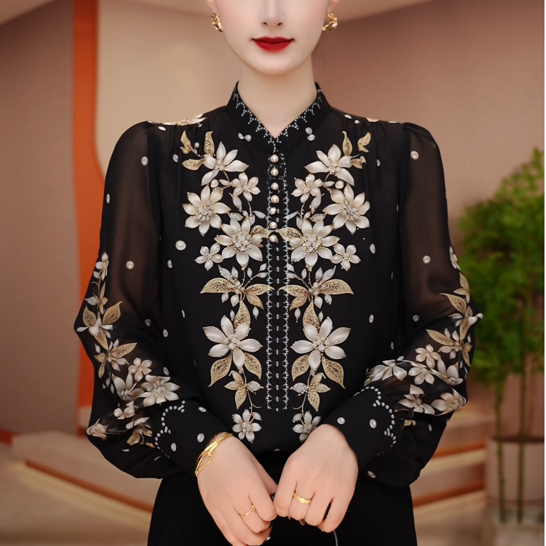 Y250025-春季新款立领百搭显瘦时尚小衫定位印花气质减龄