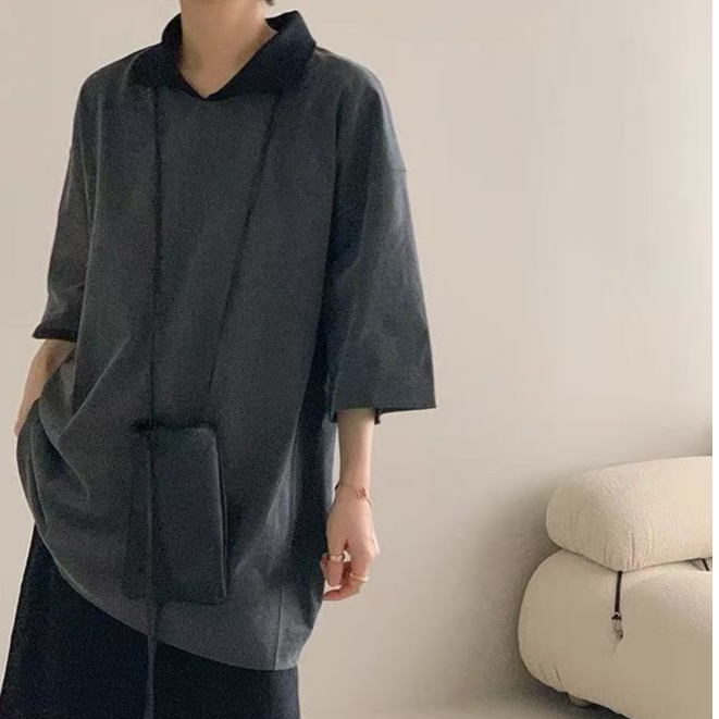 深圳南油高端女装25夏季翻领灰色宽松上衣极简风小众上衣