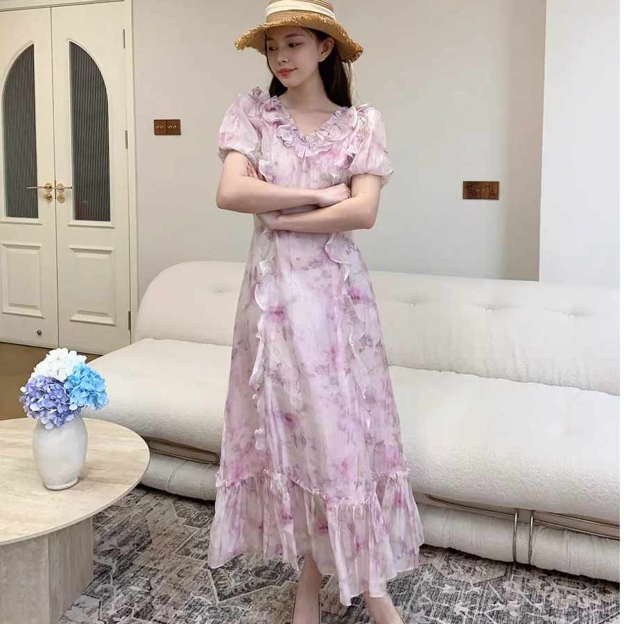 M&S 粉彩油画夏季新款绝美连衣裙轻奢V领木耳边法式显瘦长裙