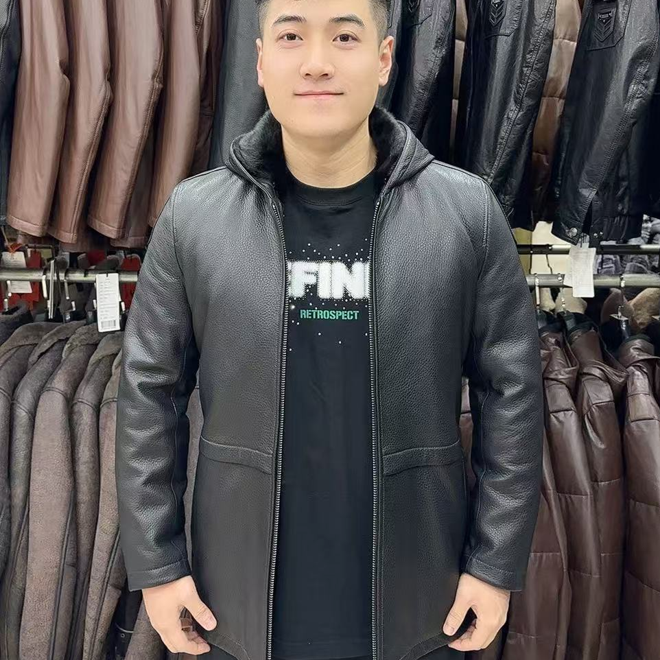 水貂整貂皮貂一体可拆卸内胆山羊皮连帽休闲时尚黑色冬款皮衣