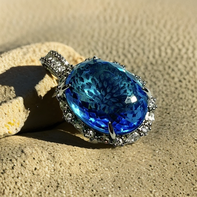 蓝吊坠椭圆四爪白底b82