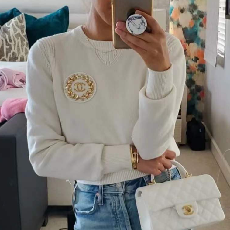 99新 Chanel/香奈儿 36码20A钉珠麦穗米白色圆领长袖针织上衣