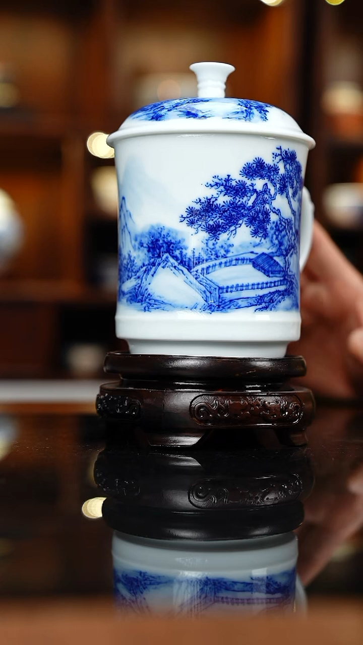 瓷景德镇手工手绘山水意境办公杯