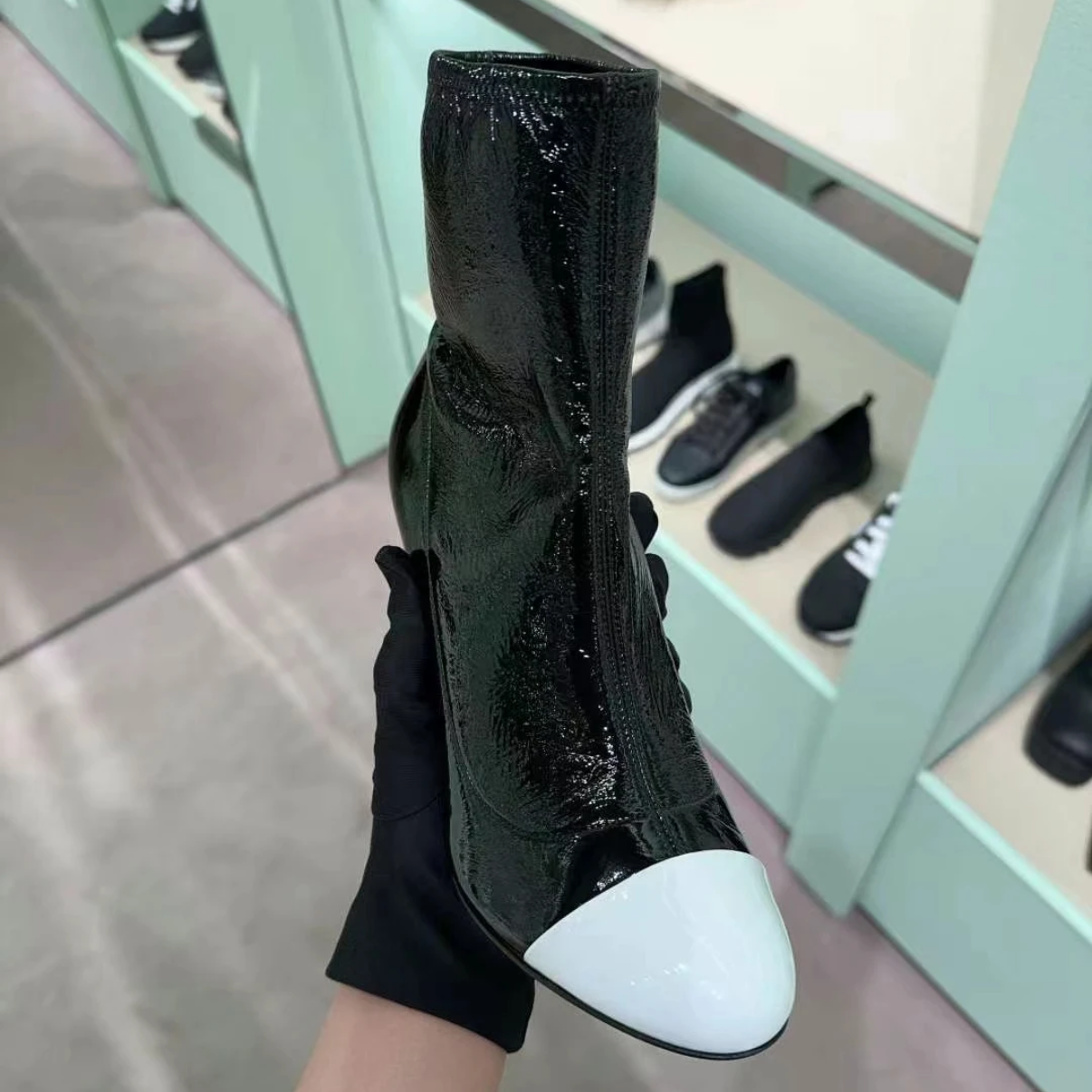 未使用 MIU MIU/缪缪 缪缪黑白拼漆皮高跟靴 35.5