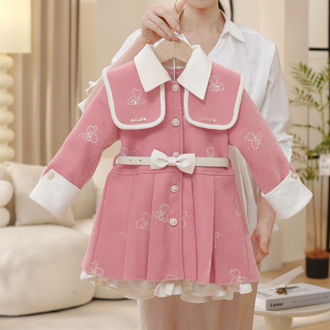 2025秋冬季女童加绒加厚粉色蝴蝶结皮带时尚公主连衣裙DA30827
