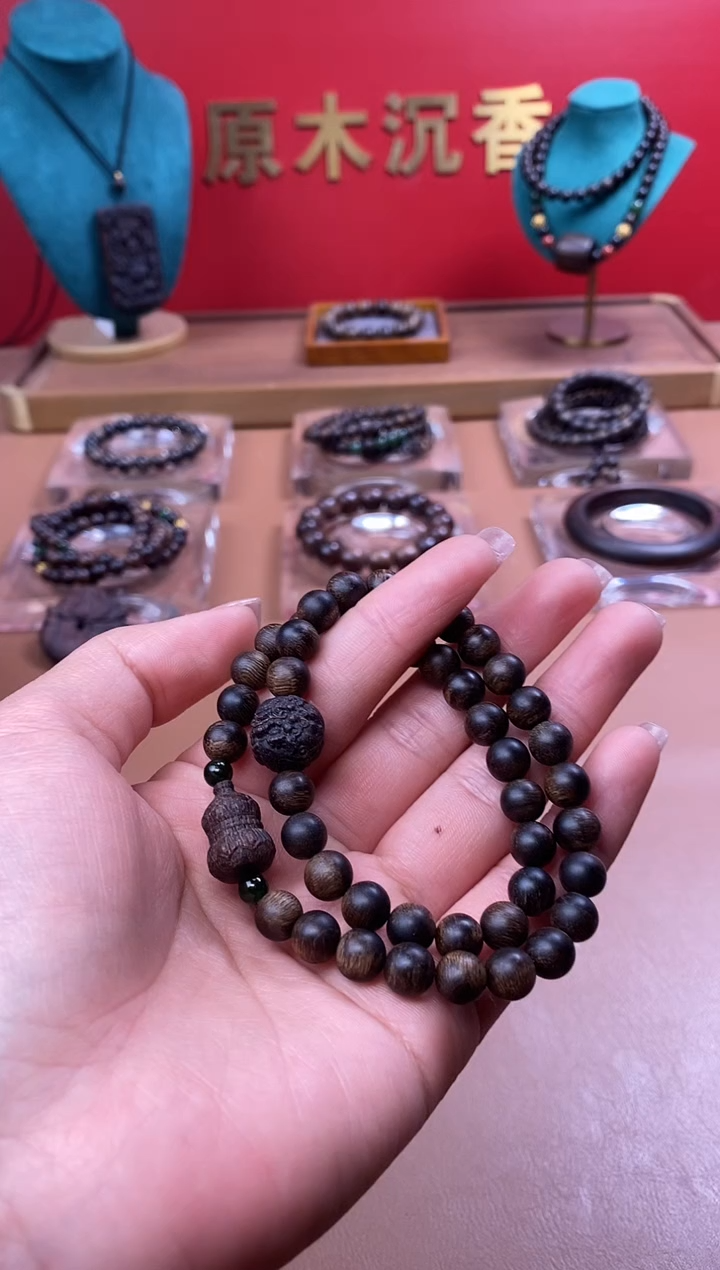【闪购商品】沉香手串M沉水富森瘤疤08+葫芦貔貅顶珠沉香木雕