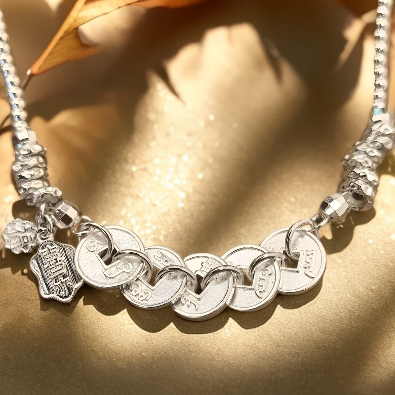 足银手链 猫眼珠平安喜乐五帝币民族风手链