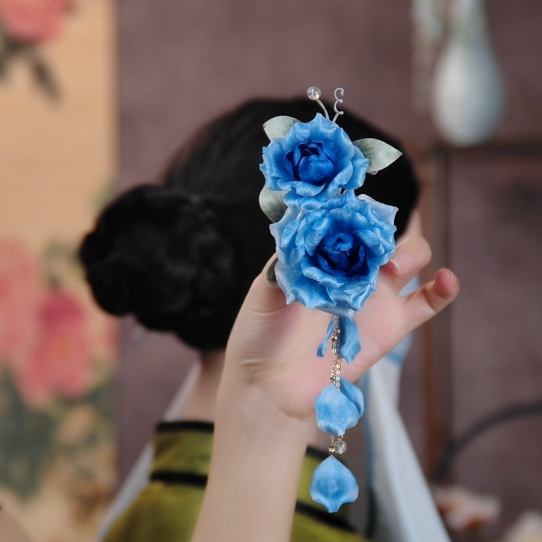 【蓝色妖姬】非遗扁绒绒花仙气边夹气质古风纯手工民族风