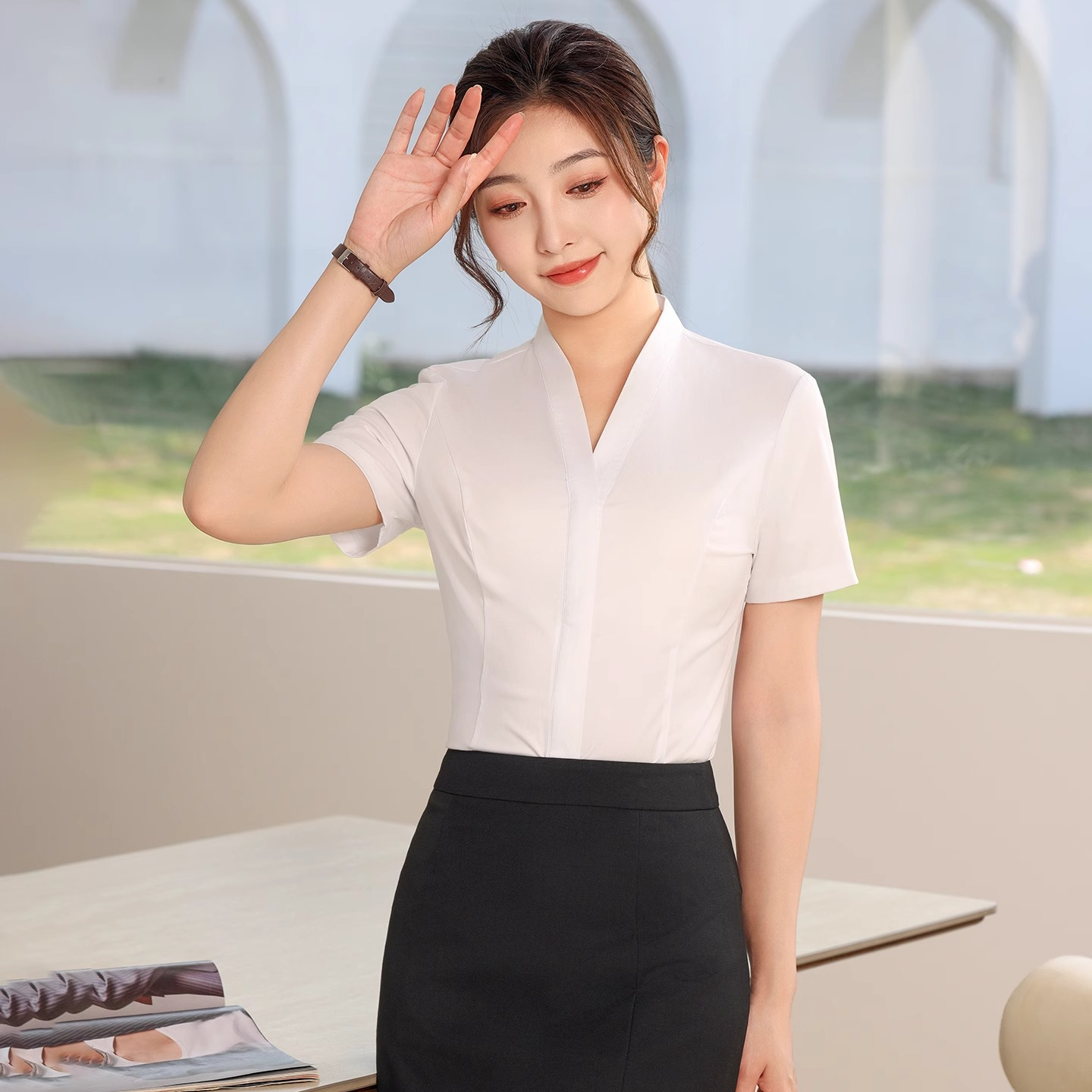 通勤白色V领衬衫女短袖衬衣夏季款空乘大学生面试正装银行工作服