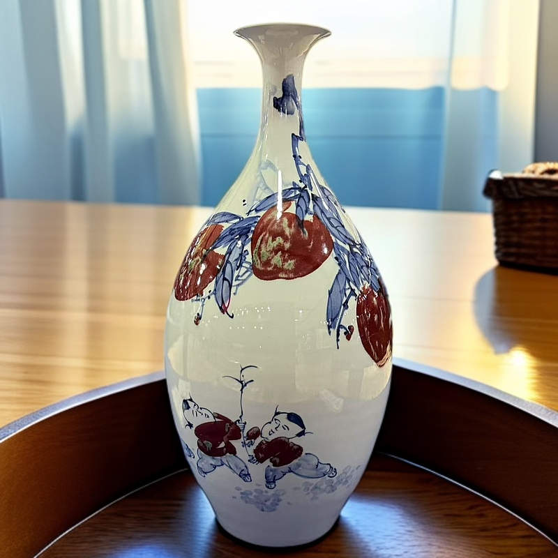 【景德镇】手工手绘青花釉里红五子纳福橄榄瓶