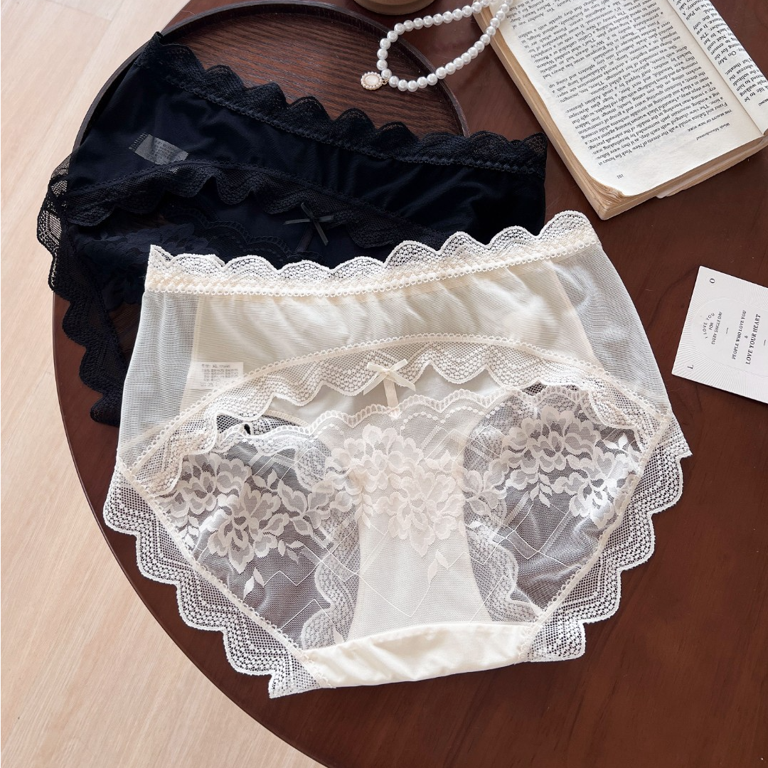 魅卿性感蕾丝大码内裤女200斤10A抑菌高级缎面纯欲网纱红色夏季薄