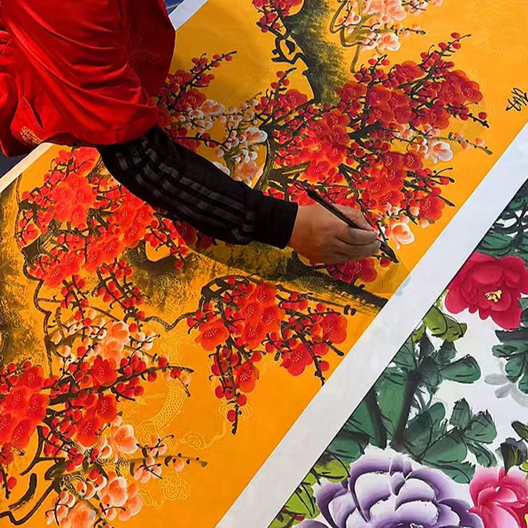 好！郭春雷国画宣纸作品，小六尺梅开五福+四尺花开富贵