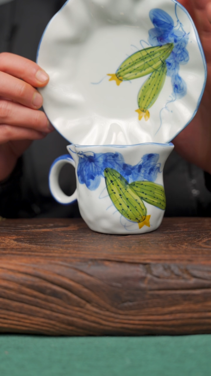 【闪购商品】瓷片寻一缕瓷香杯釉下手工手绘瓷器 丝瓜咖啡杯