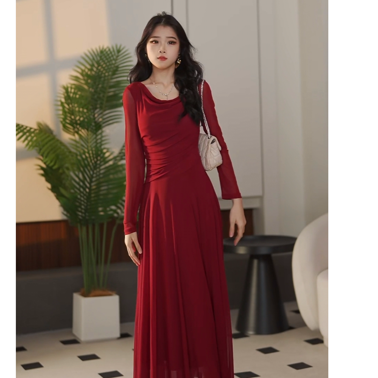 【汐木木】绮梦秋季新款高级法式显瘦荡领设计A摆连衣裙-YL11780