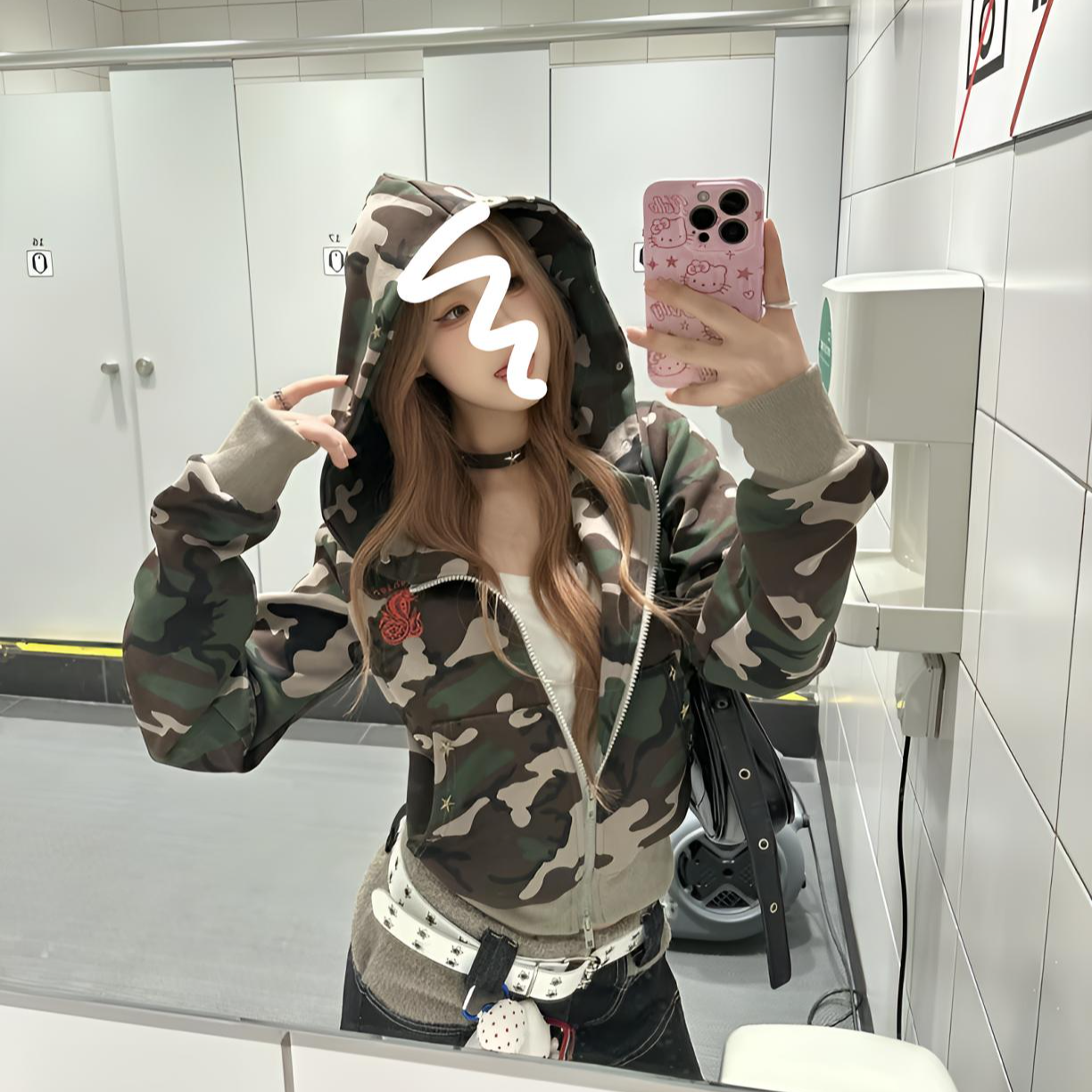 花生酱  美式复古迷彩连帽短款外套女2025新款辣妹修身显瘦卫衣