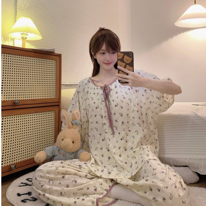 春季小清新短袖紫色花印花新款睡衣套装带胸垫家居服可外穿