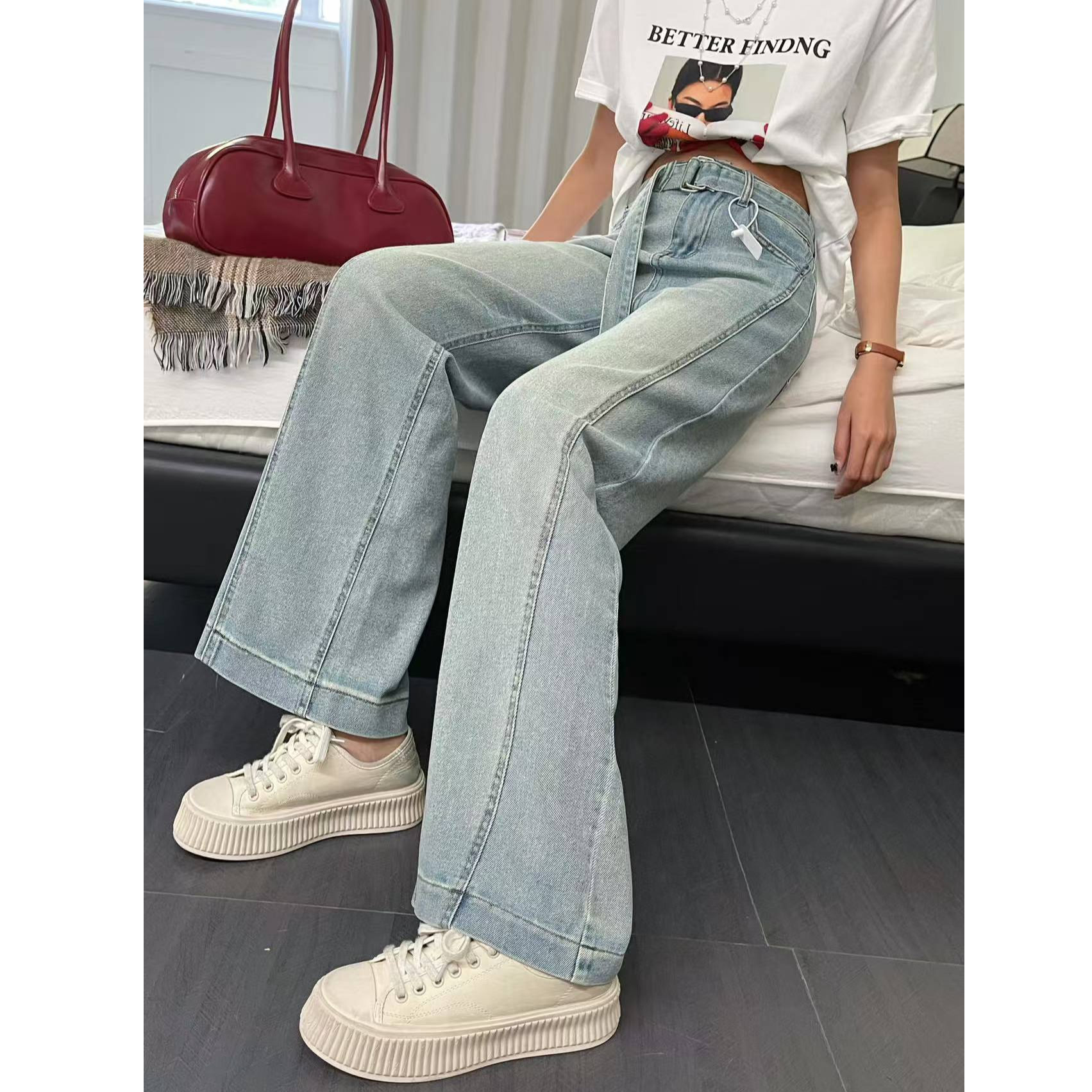 【苗姐优选】春季新款美式阔腿牛仔高腰宽松显瘦垂感直筒裤75503MYX
