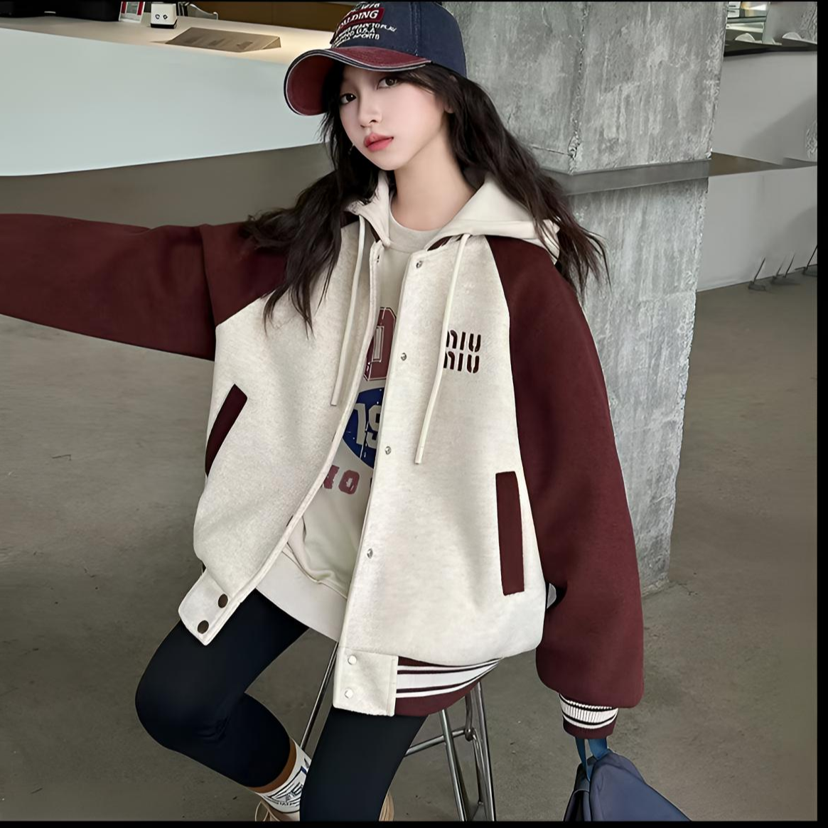 2025新款女撞色棉服韩版连帽休闲百搭宽松加厚夹棉毛呢棒球服外套