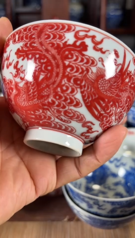 柴窑釉里红九凤鸡心杯杯