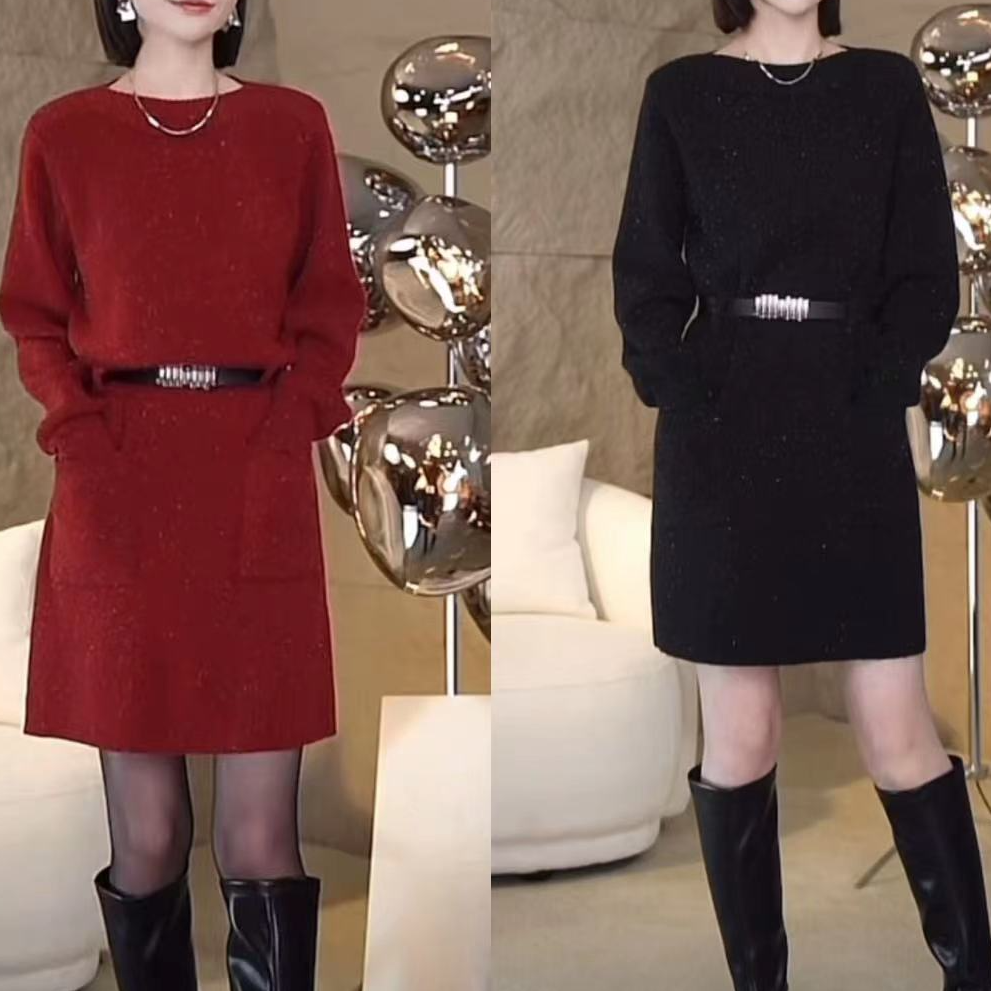 法式高级感一字领气质针织连衣裙女秋冬百搭收腰配大衣内搭毛衣裙