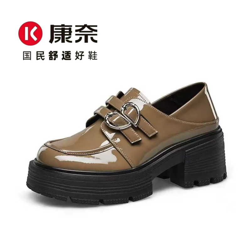 康奈官方正品/秋季漆皮厚底乐福鞋学院风百搭小皮鞋46101