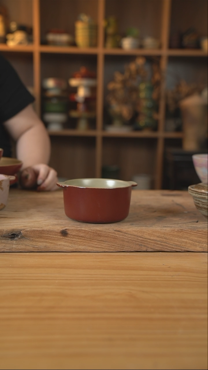 复古红色的双耳早餐碗【壶