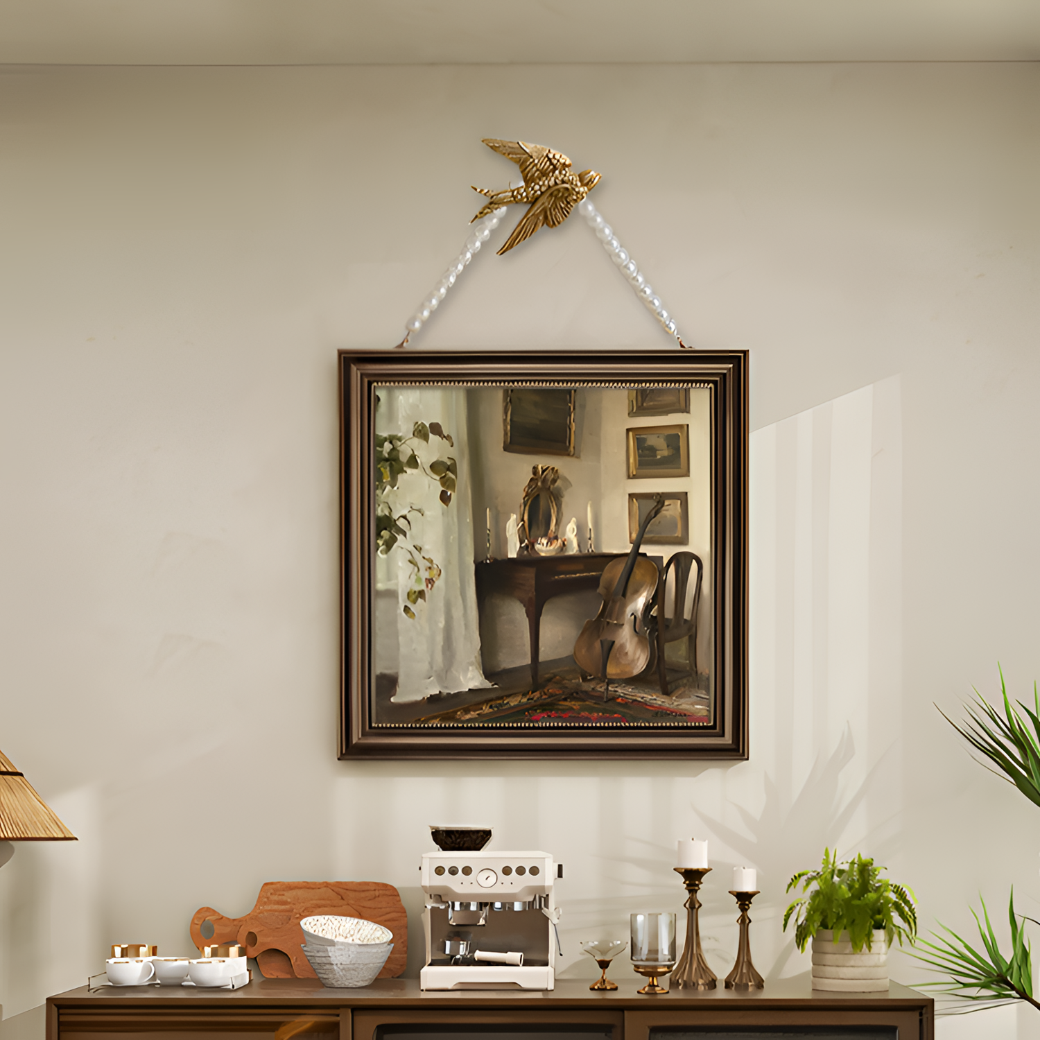 小众法式中古风餐厅装饰画轻奢高级感挂画复古燕子客厅沙发壁画