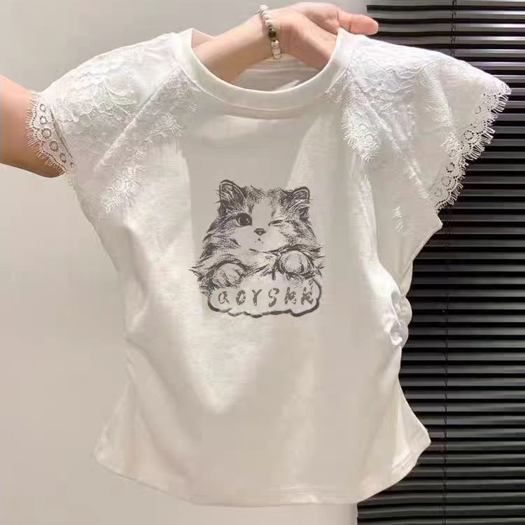 【ZHAP】蕾丝拼接圆领短袖t恤女白色百搭通勤欧美风可爱猫咪印花休