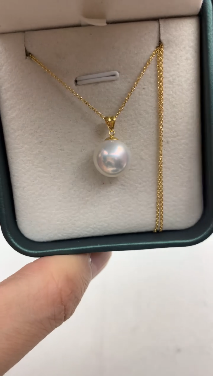 18K金镶嵌ff淡水珍珠白珠吊坠(赠链）d029（11~12mm）