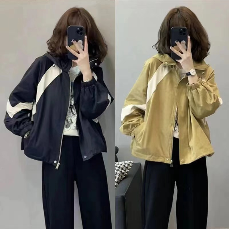 2025秋冬季新款连帽冲锋衣外套女短款小个子休闲拼色工装上衣炸街