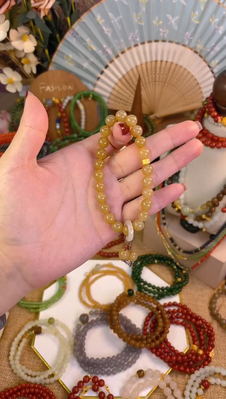 【闪购商品】和田玉手串18K金镶嵌糖玉