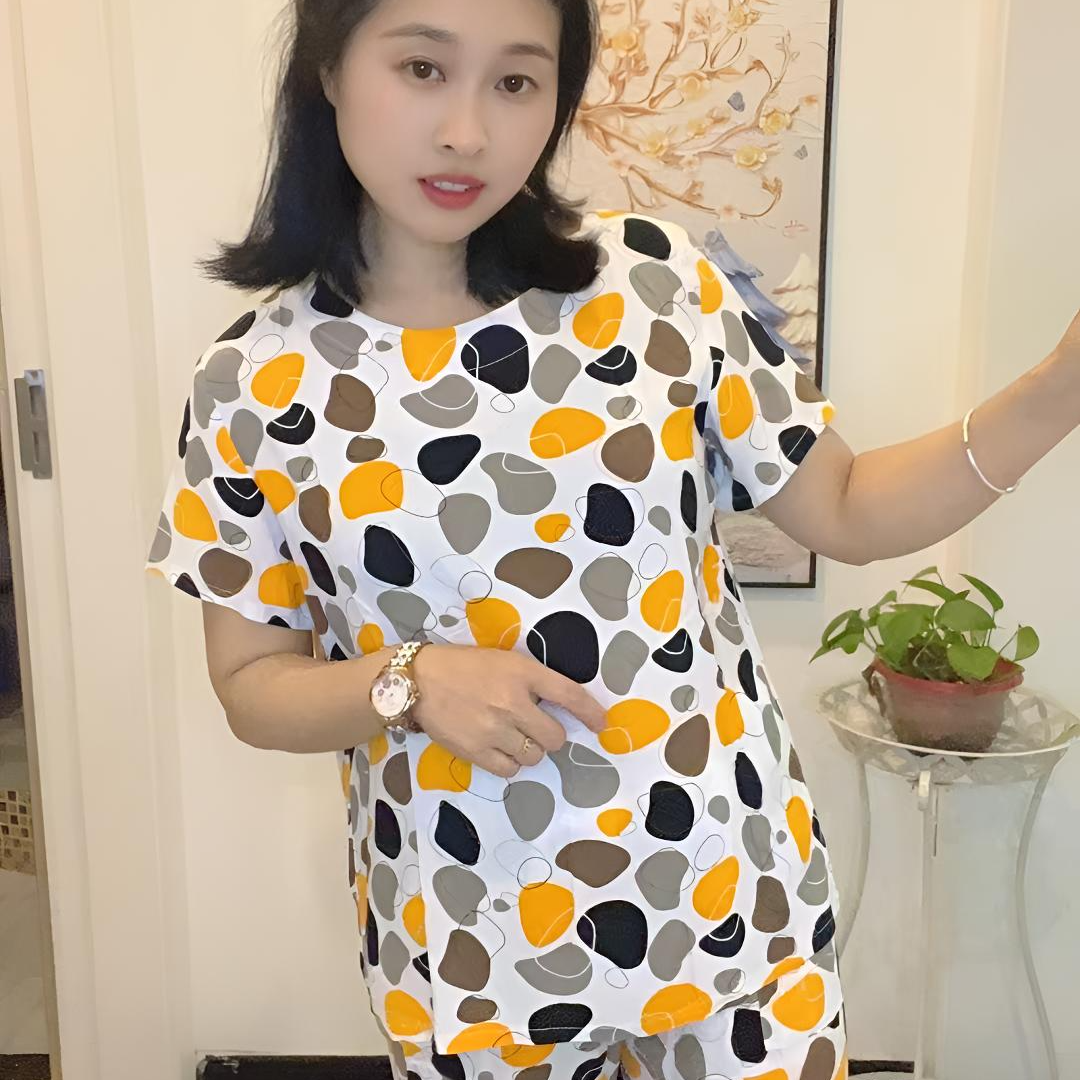 短袖夏季女睡衣家居服套装上衣印花波点