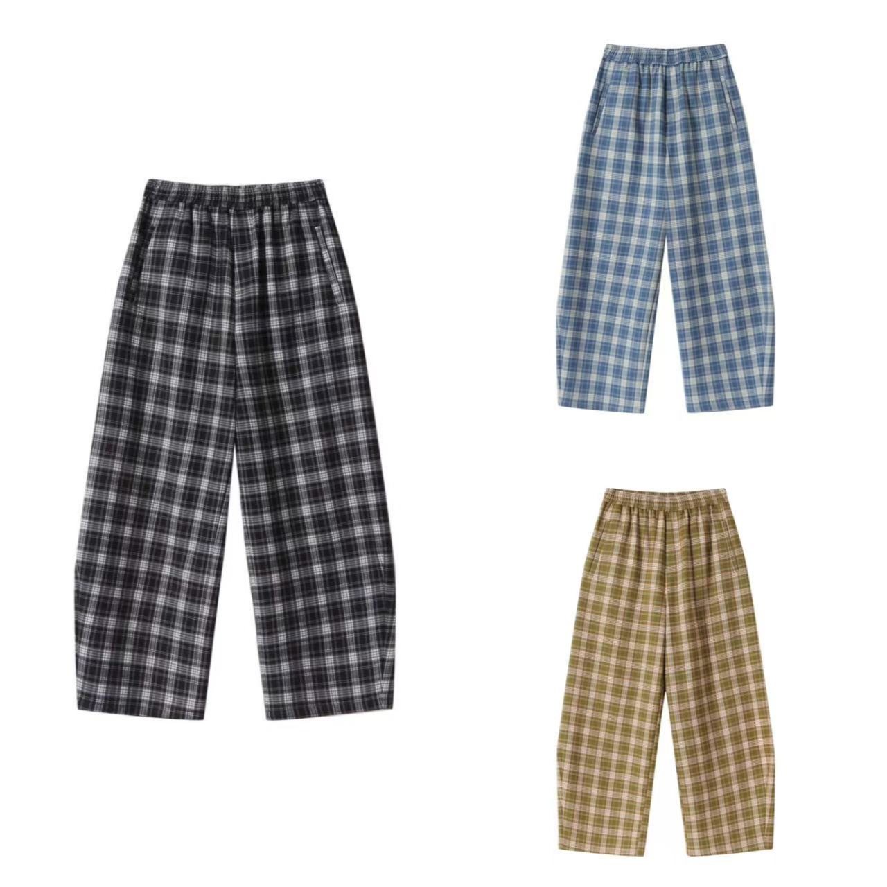 【REREK】25秋冬 R25D09230228松紧腰宽松微茧型格纹加绒长裤