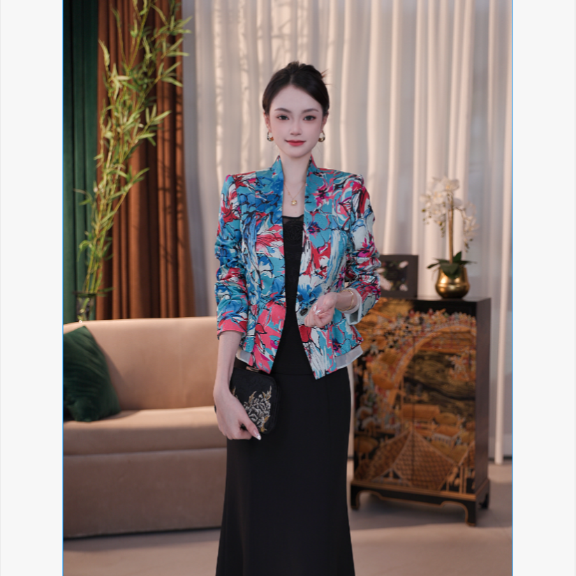 SUSSI/古色【裙青复调】前V领一粒扣收腰显瘦气质碎花法式长袖外套