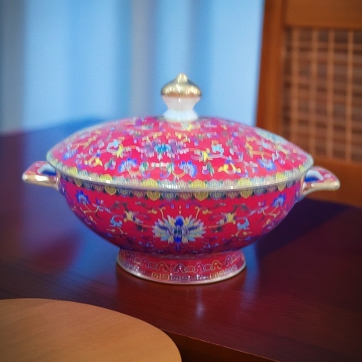 家用陶瓷轻奢宫廷珐琅彩金福吉祥煲（中国红）
