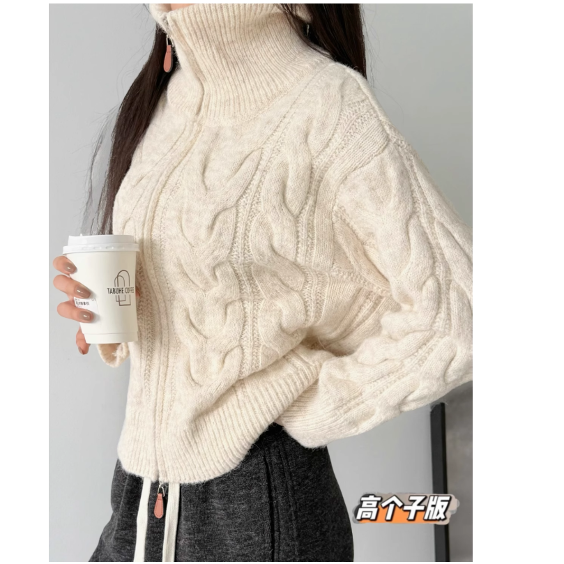 猫猫家高个子加厚双拉链羊毛翻领麻花毛衣外套女冬季高领针织开衫