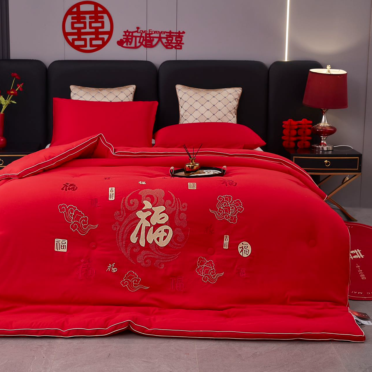 福气满满结婚喜被奶芙棉高档大红色婚被秋冬被婚房绣花婚庆黄一恒