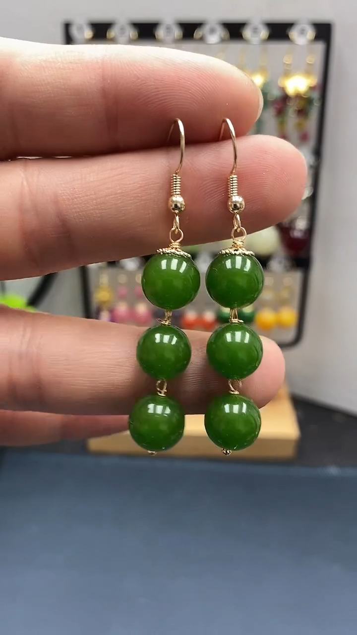 【闪购商品】和田玉耳饰银S925镀金镶嵌尺寸10mm连珠01