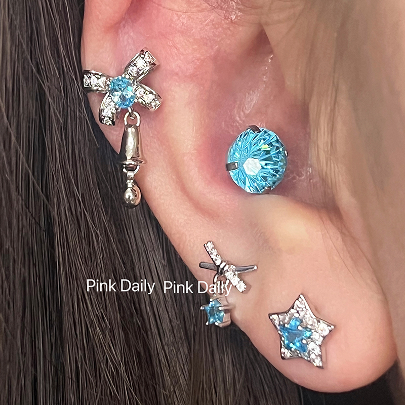 钛钢耳饰 【系梦铃铛】耳骨钉套组蓝色蝴蝶结烟花切耳蜗钉钛钢