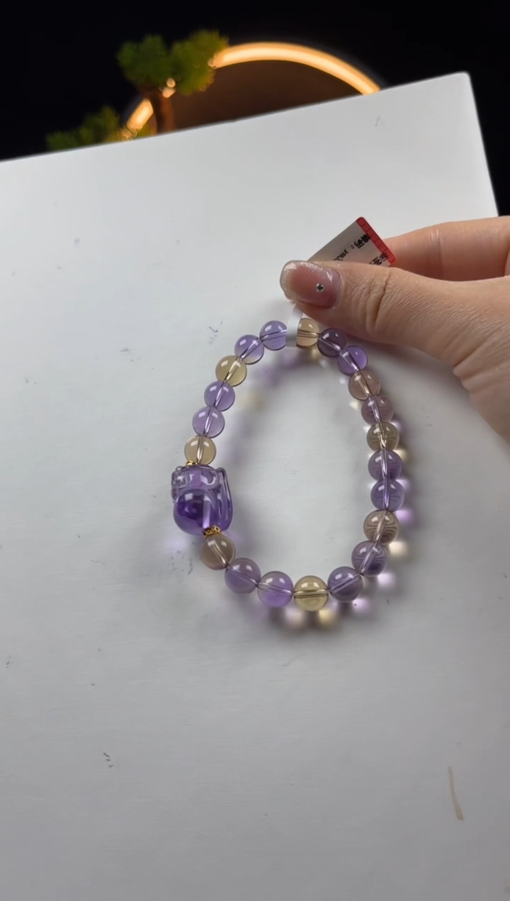 【闪购商品】水晶手链未镶嵌天然紫黄圆珠搭貔貅手串8mm