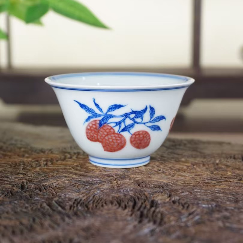 臻玉古坊青花釉里红三多撇口杯精工纯手工手绘景德镇柴窑60cc茶杯