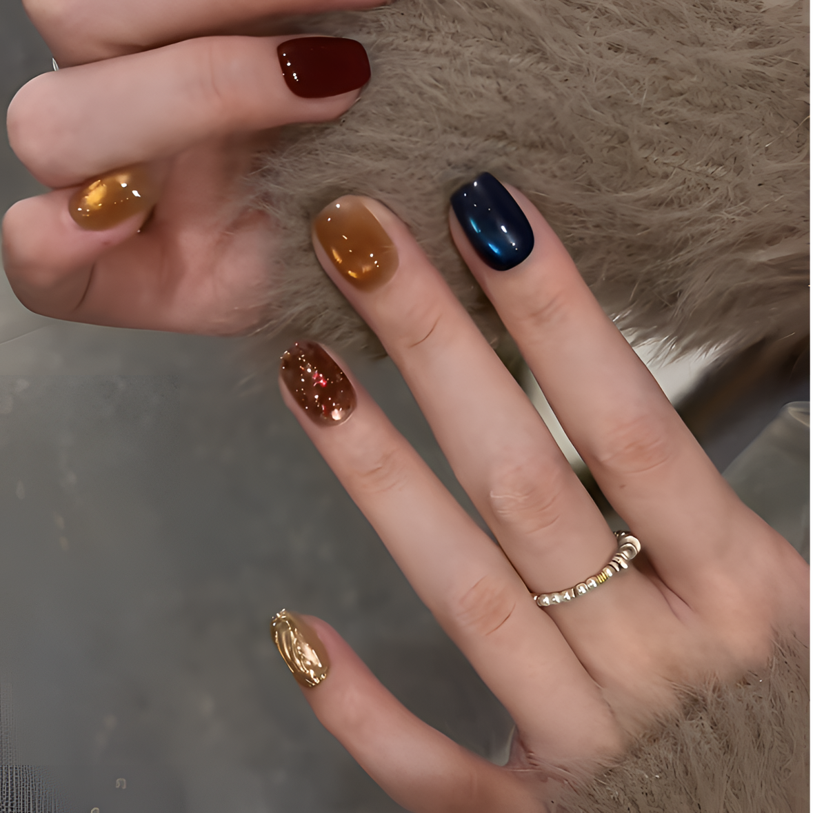 【80’s派对】复古撞色蓝黑金棕猫眼美甲秋冬短款显白高级感穿戴甲片