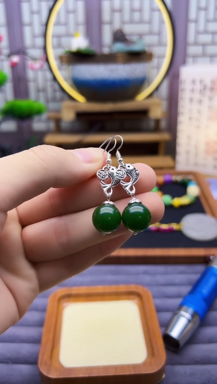 和田玉银S925镶嵌耳饰E10