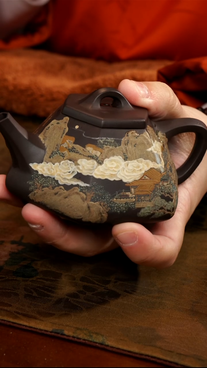 茶壶紫砂紫泥六方山水石瓢壶