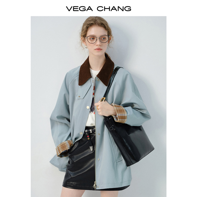 VEGA CHANG风衣女2025新款春季撞色拼接设计美式户外感外套上衣